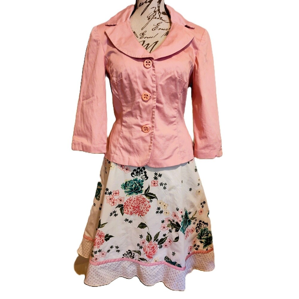 My Michelle Charming Pink Jacket & White Flower Skirt 2 Piece Suite Dress Sz 3/4